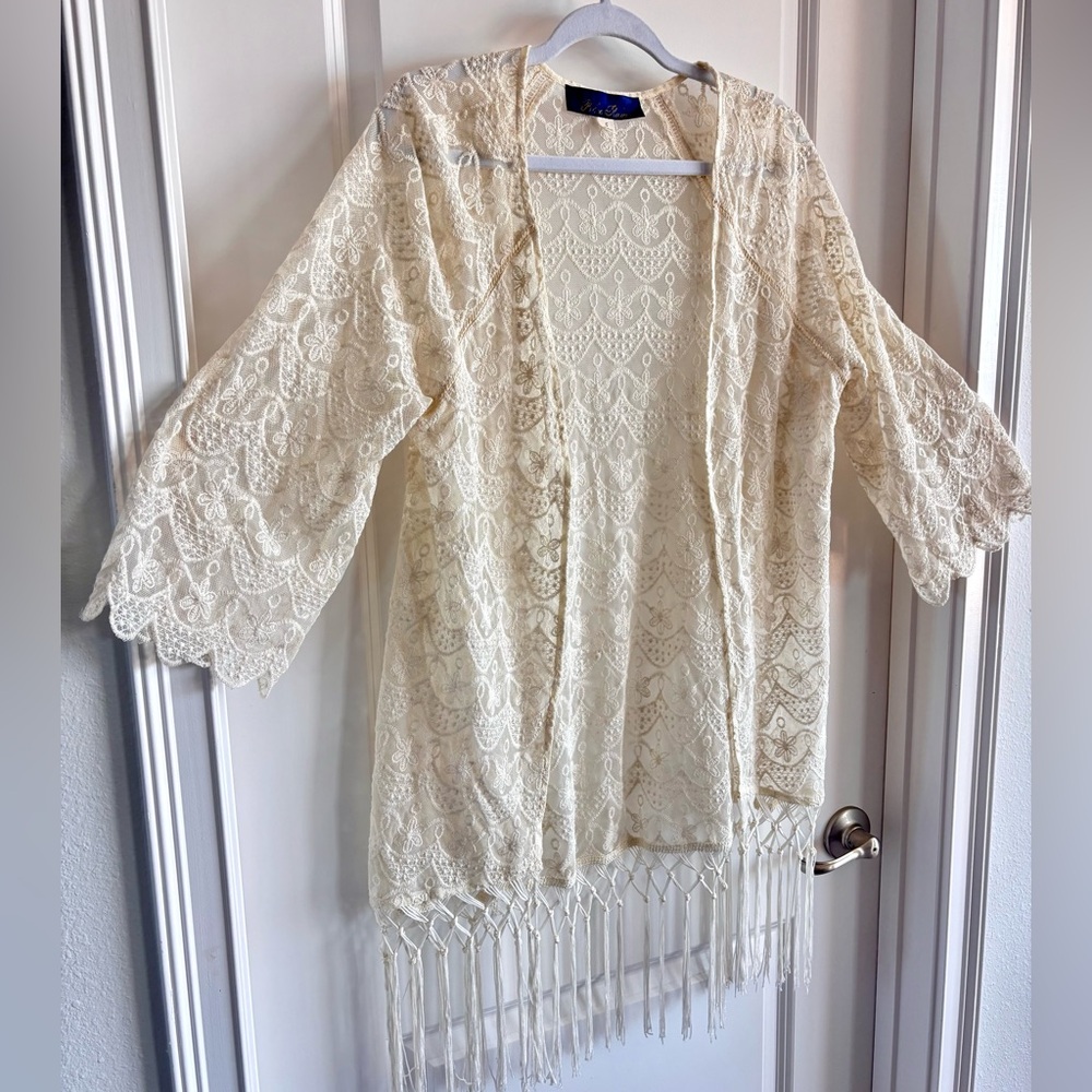 Cotton Cream Lace Fringe Cover up  Blue Rain Festival Boho Duster Western